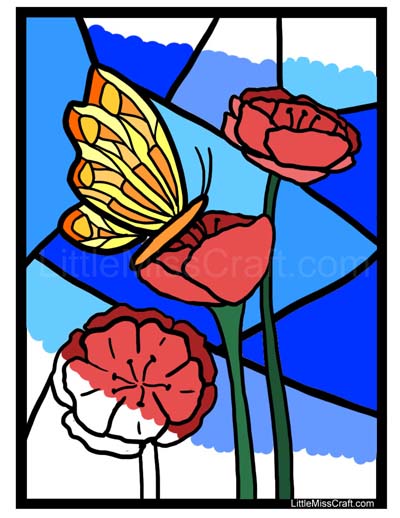 Butterfly on Flower Stained Glass Coloring Page